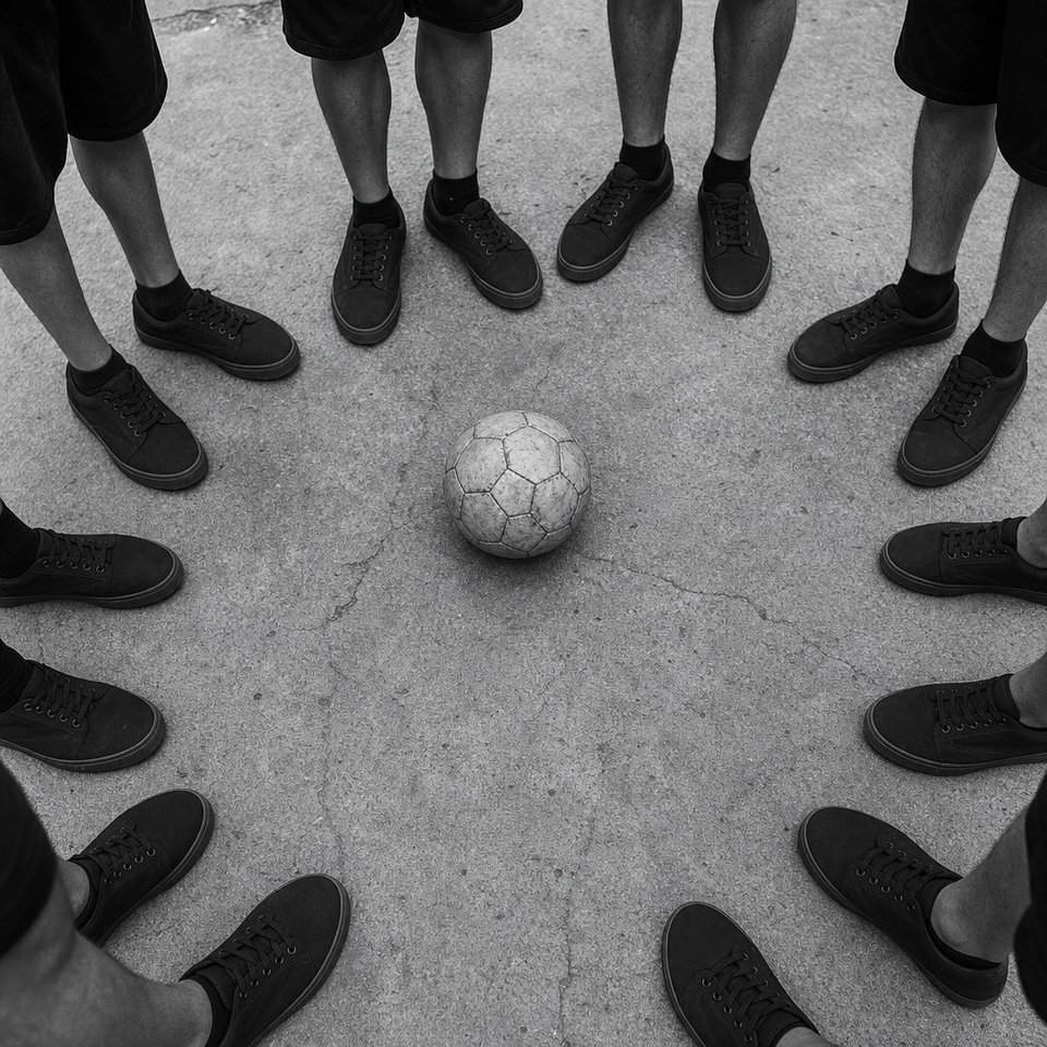 Vista desde arriba de una ronda de pies calzados con zapatillas, formando un círculo sobre el cemento con una pelota en el centro